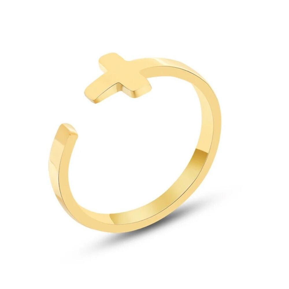 NEW 18K yellow gold plated cross Christian adjustable open ring jewelry B29A